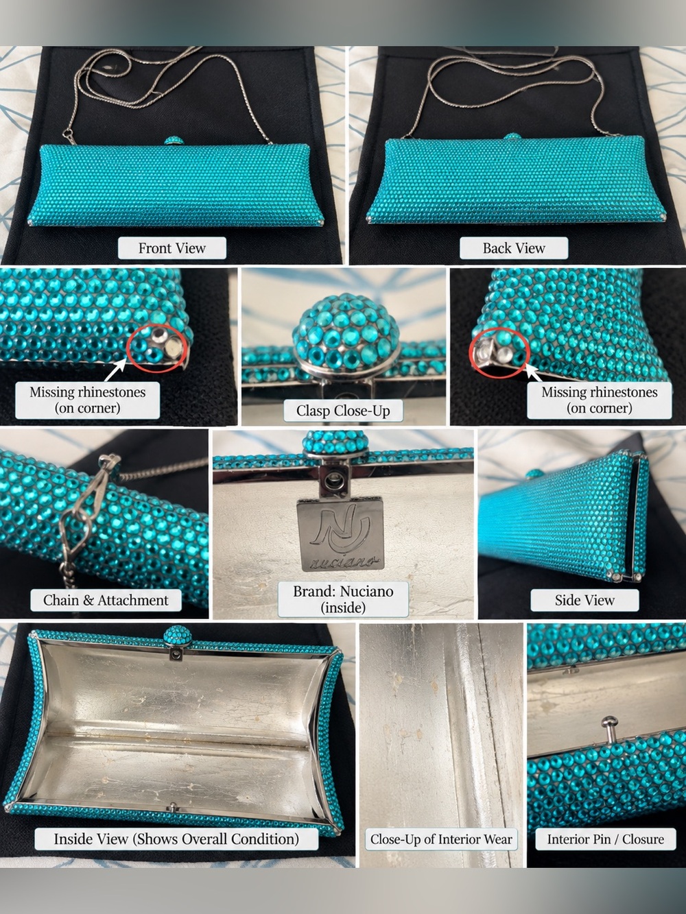 Teal Crystal Rhinestone Evening Clutch with Chain